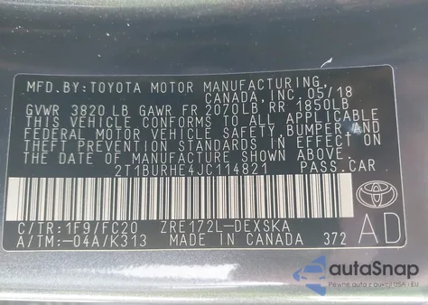 2018 Toyota Corolla Se from USA, damaged, VIN 2T1BURHE4JC114821